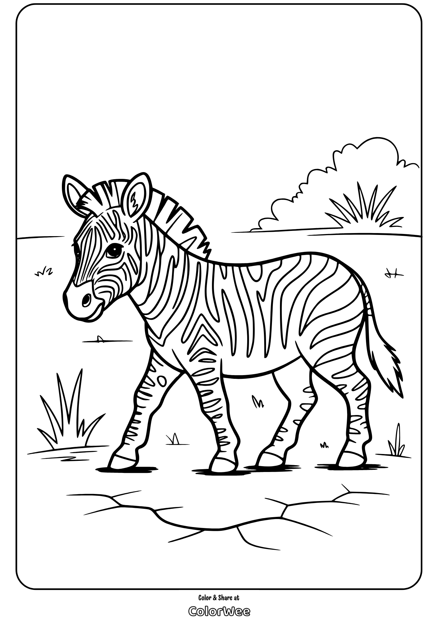 Zebra coloring page for kids, printable and fun activity.