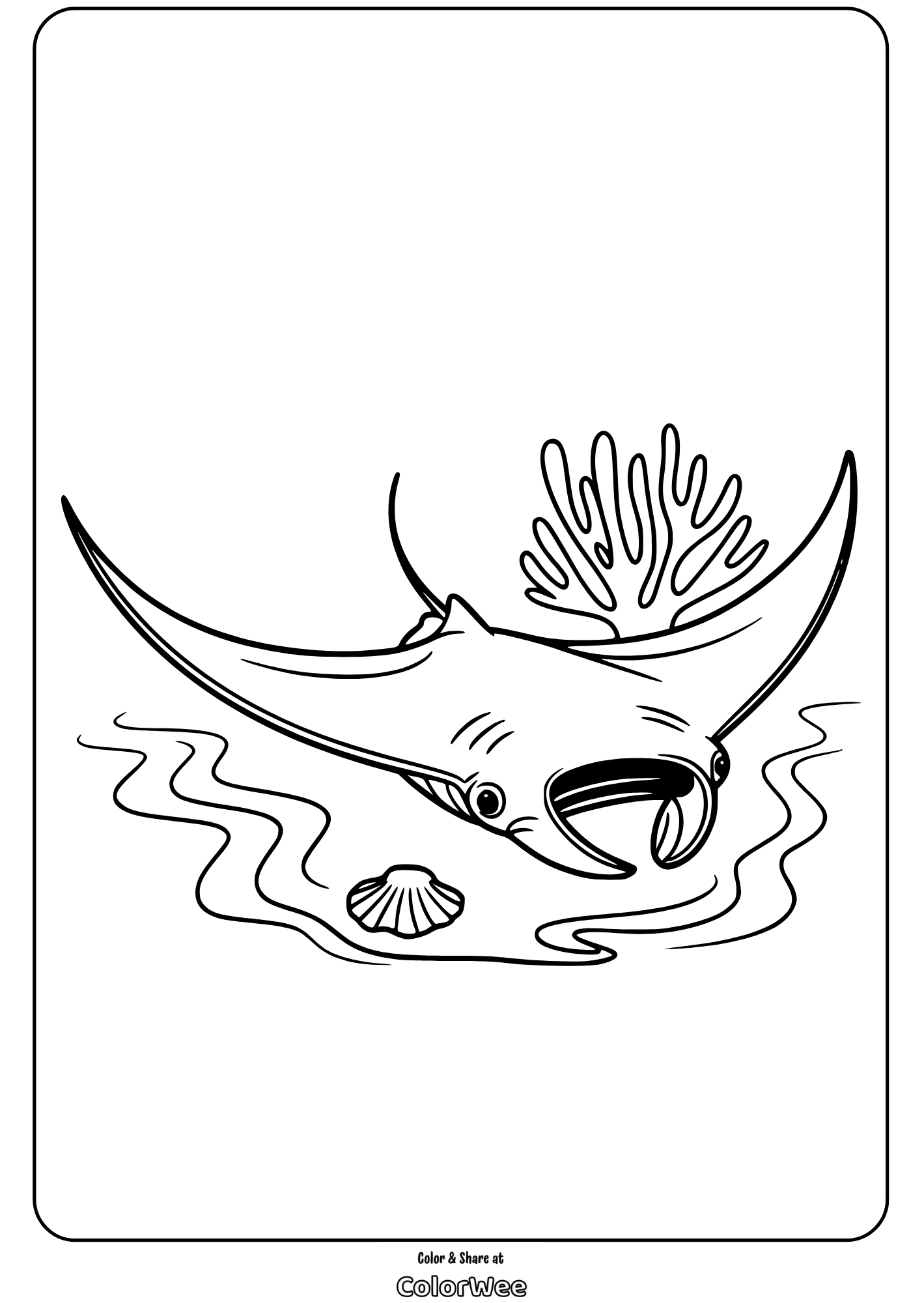 Coloring page of a manta ray swimming with coral and seashell.