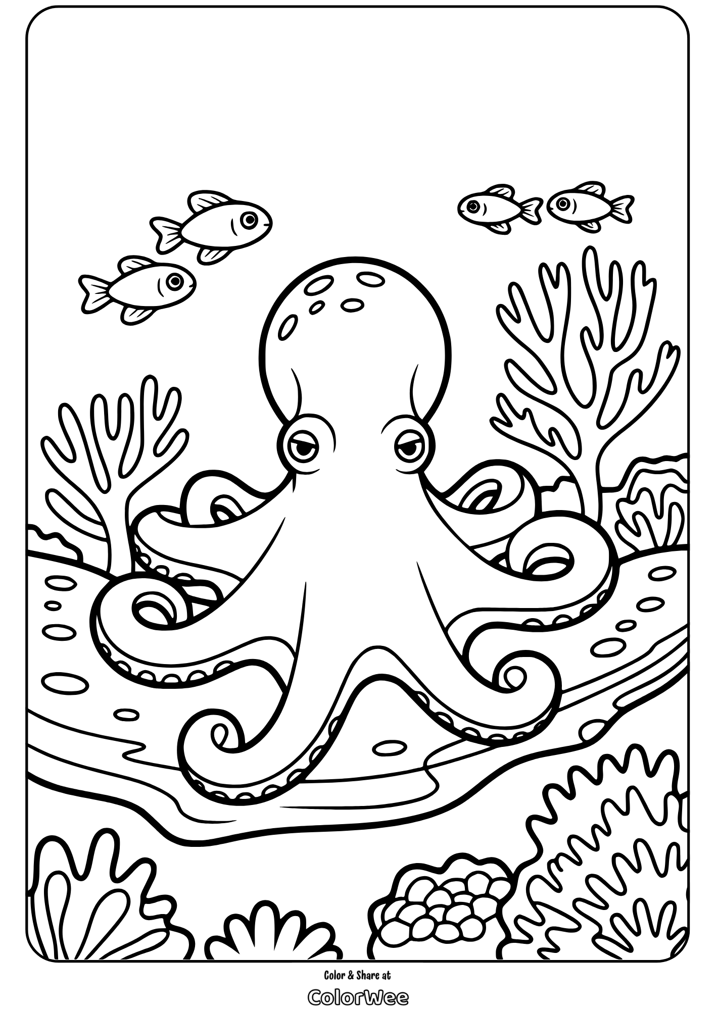 Octopus and fish ocean scene coloring page.