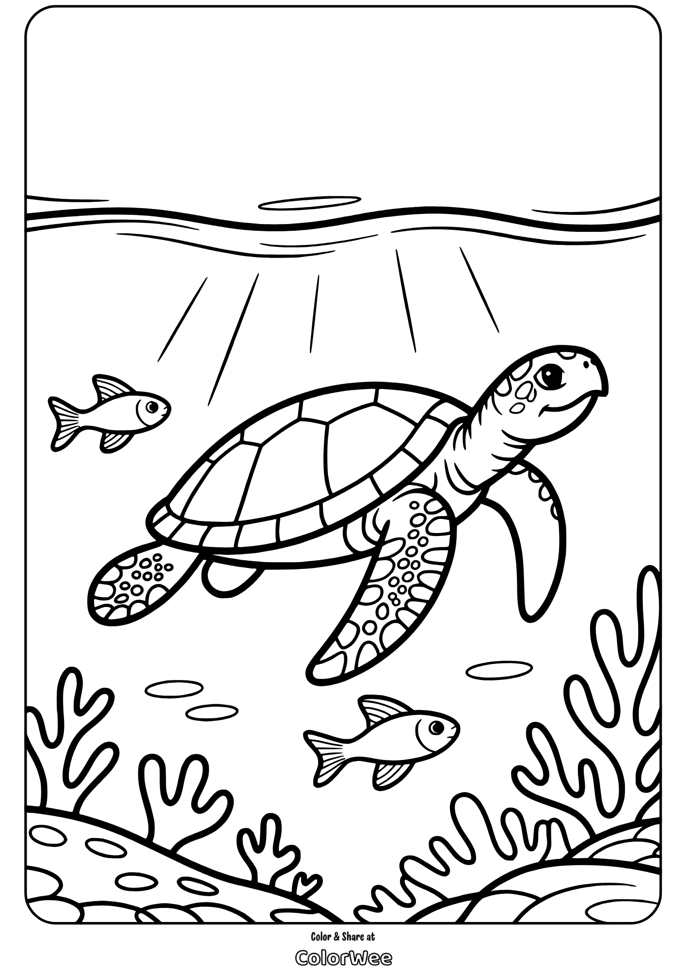 Sea turtle coloring page with fish and coral reef scene.