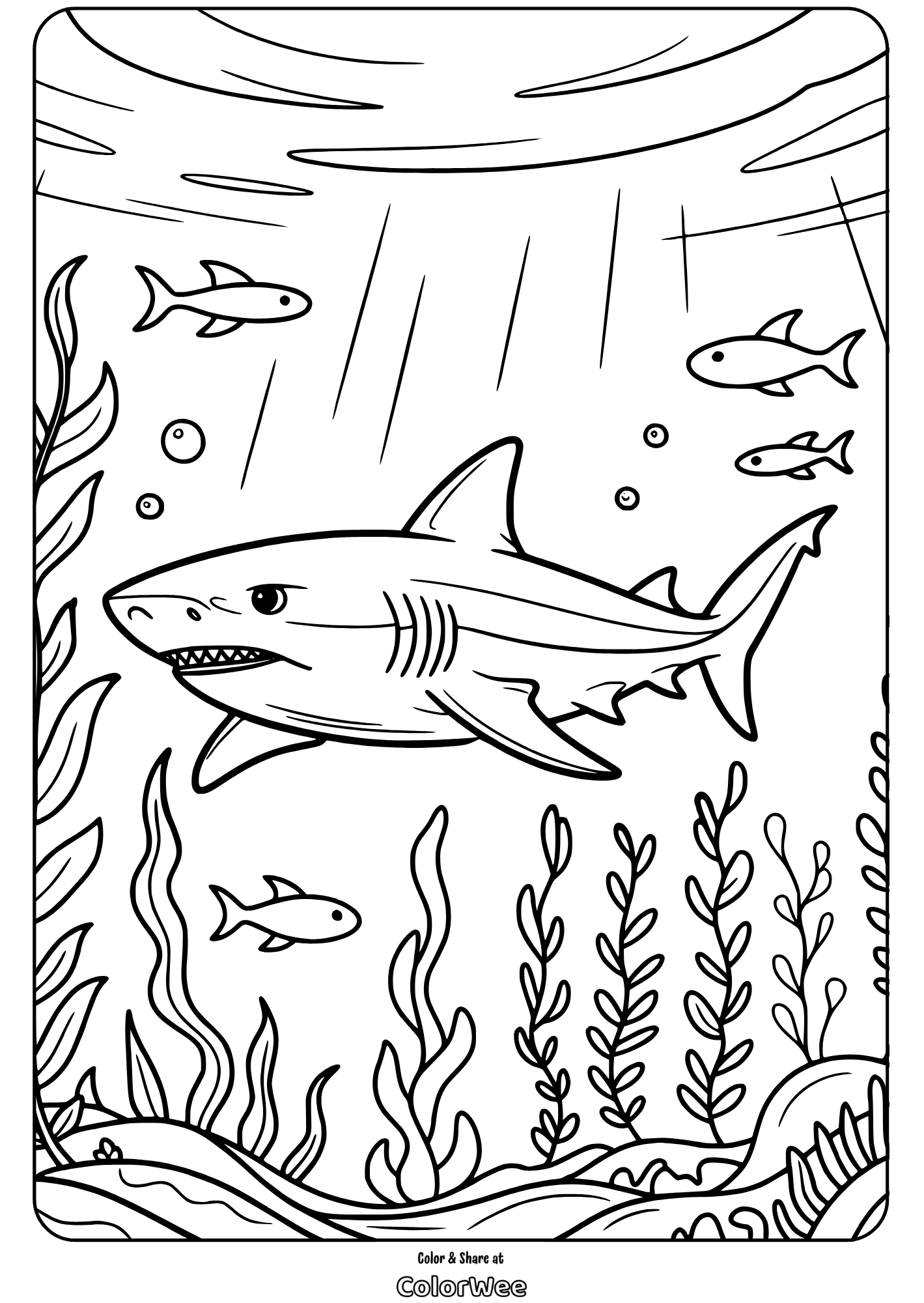 Underwater shark coloring page with fish and seaweed.