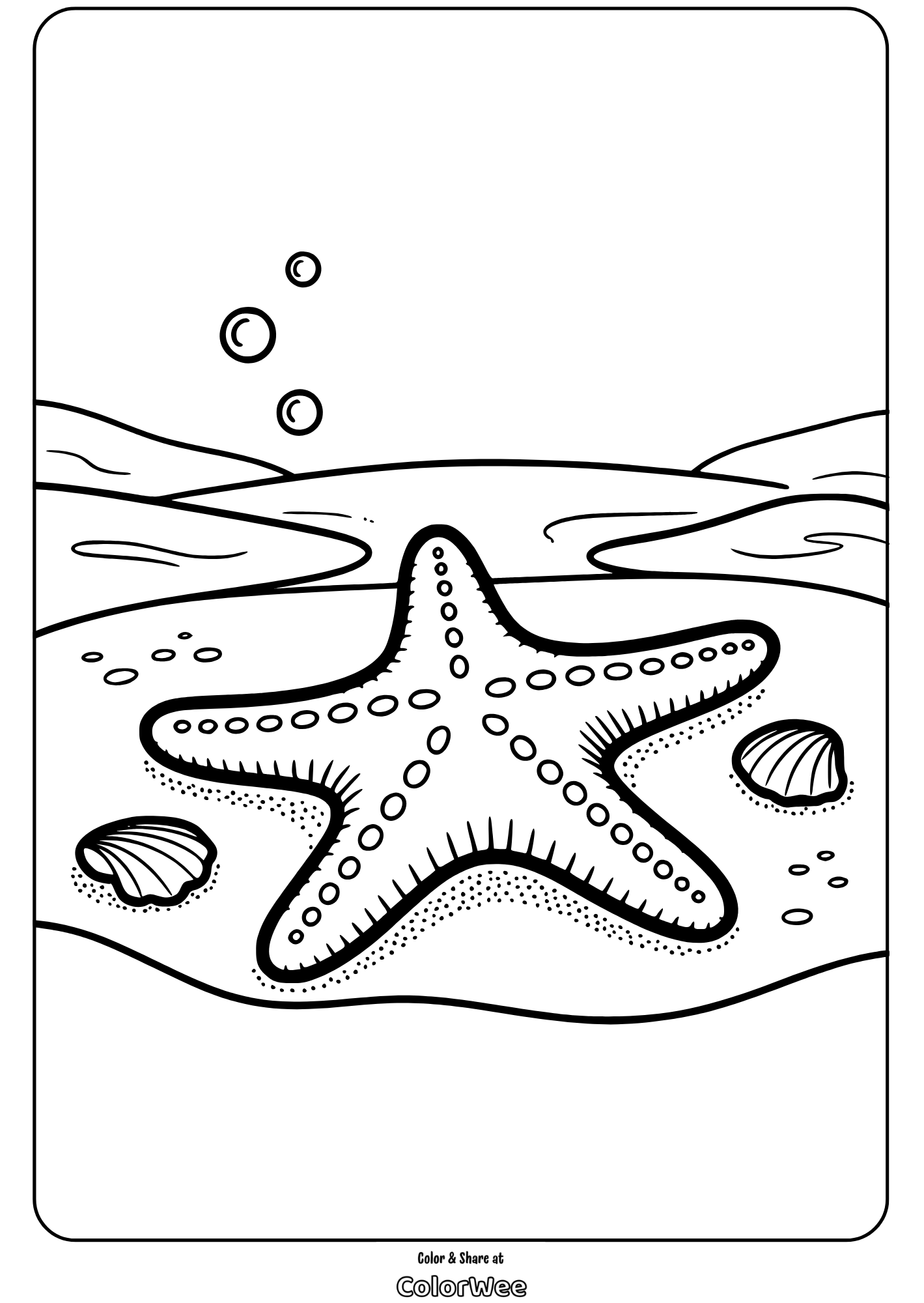 Starfish coloring page with shells and ocean background.
