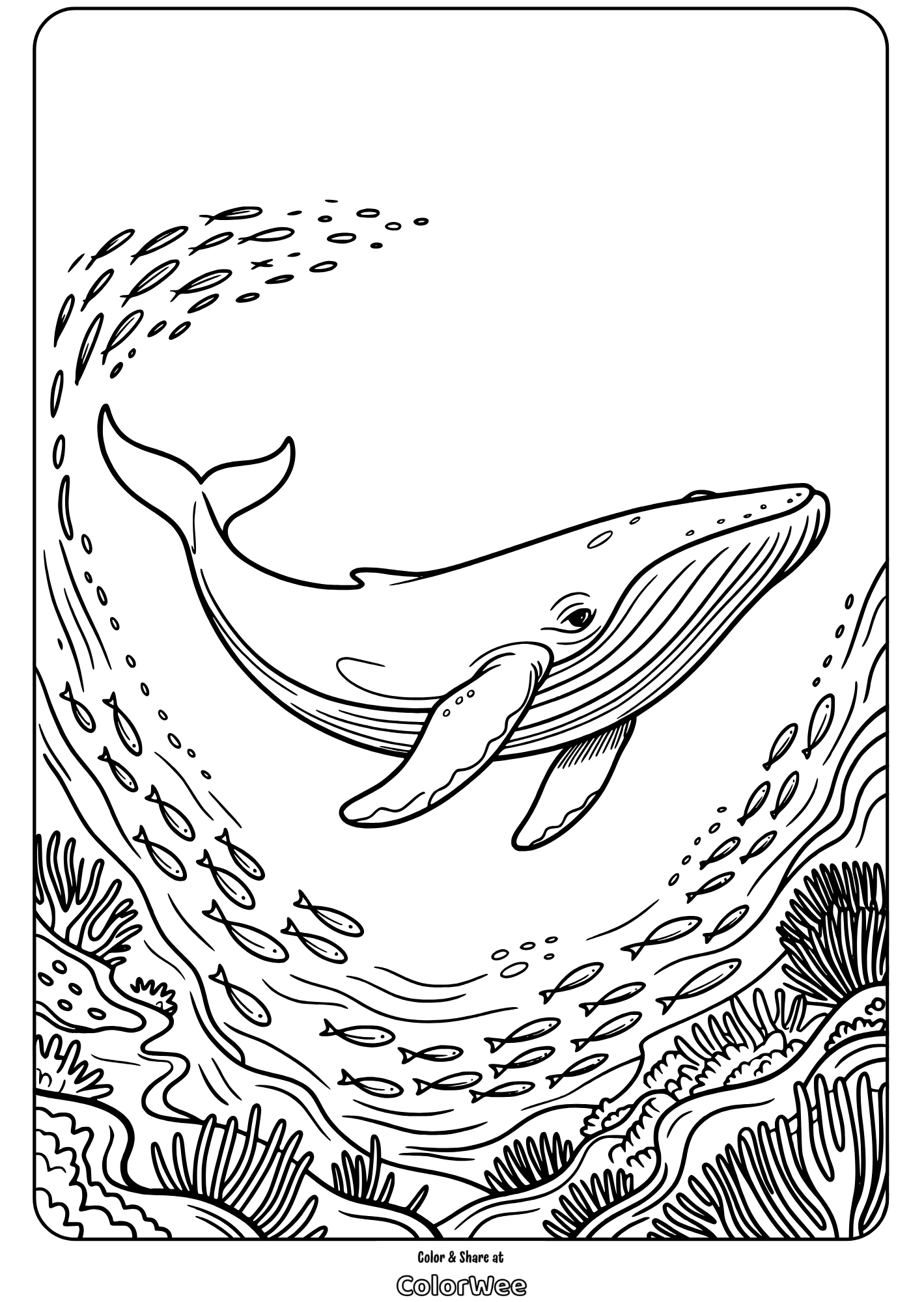 Blue whale swimming with fish coloring page for kids.