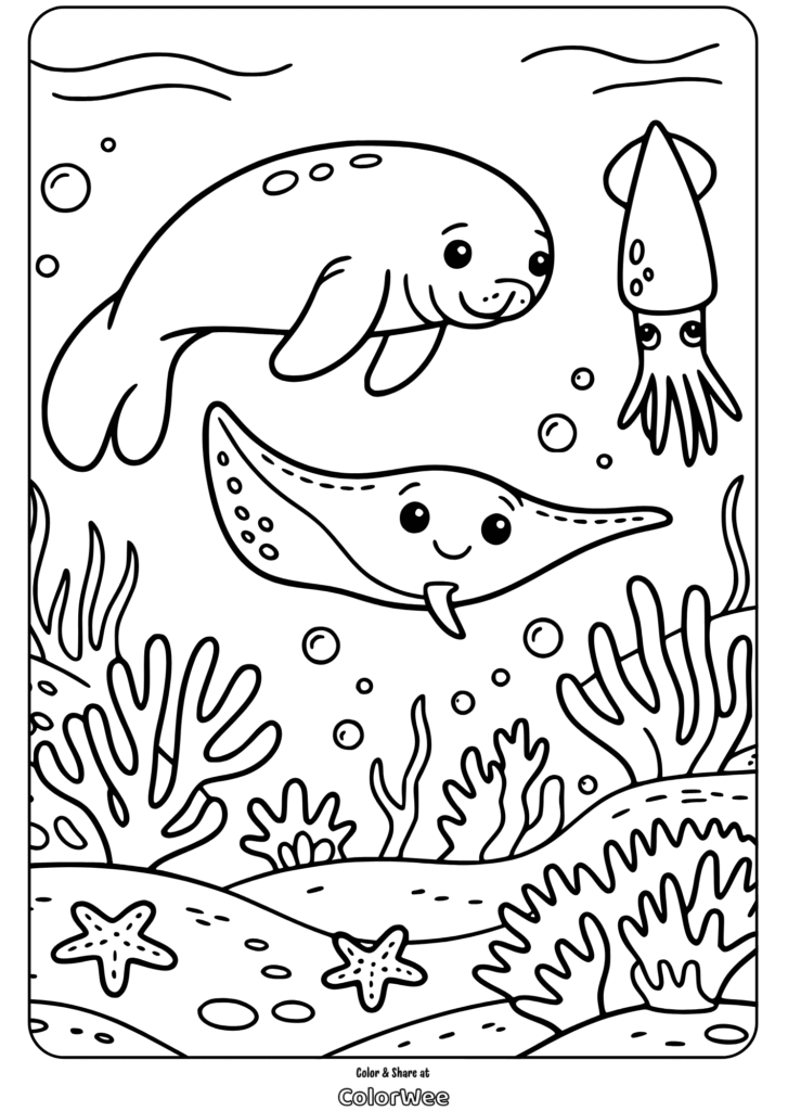 Underwater creatures coloring page: manatee, stingray, and squid.