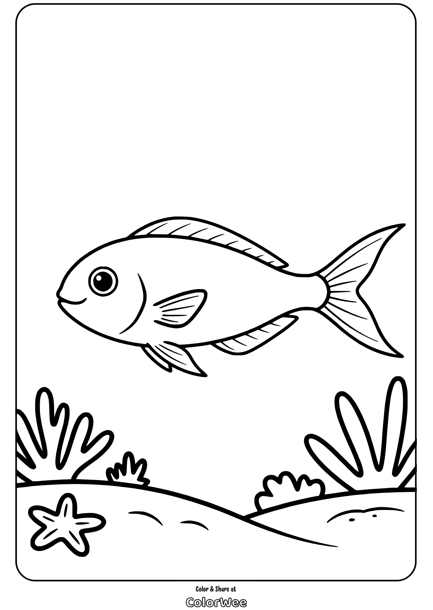 Fish coloring page with ocean plants and starfish