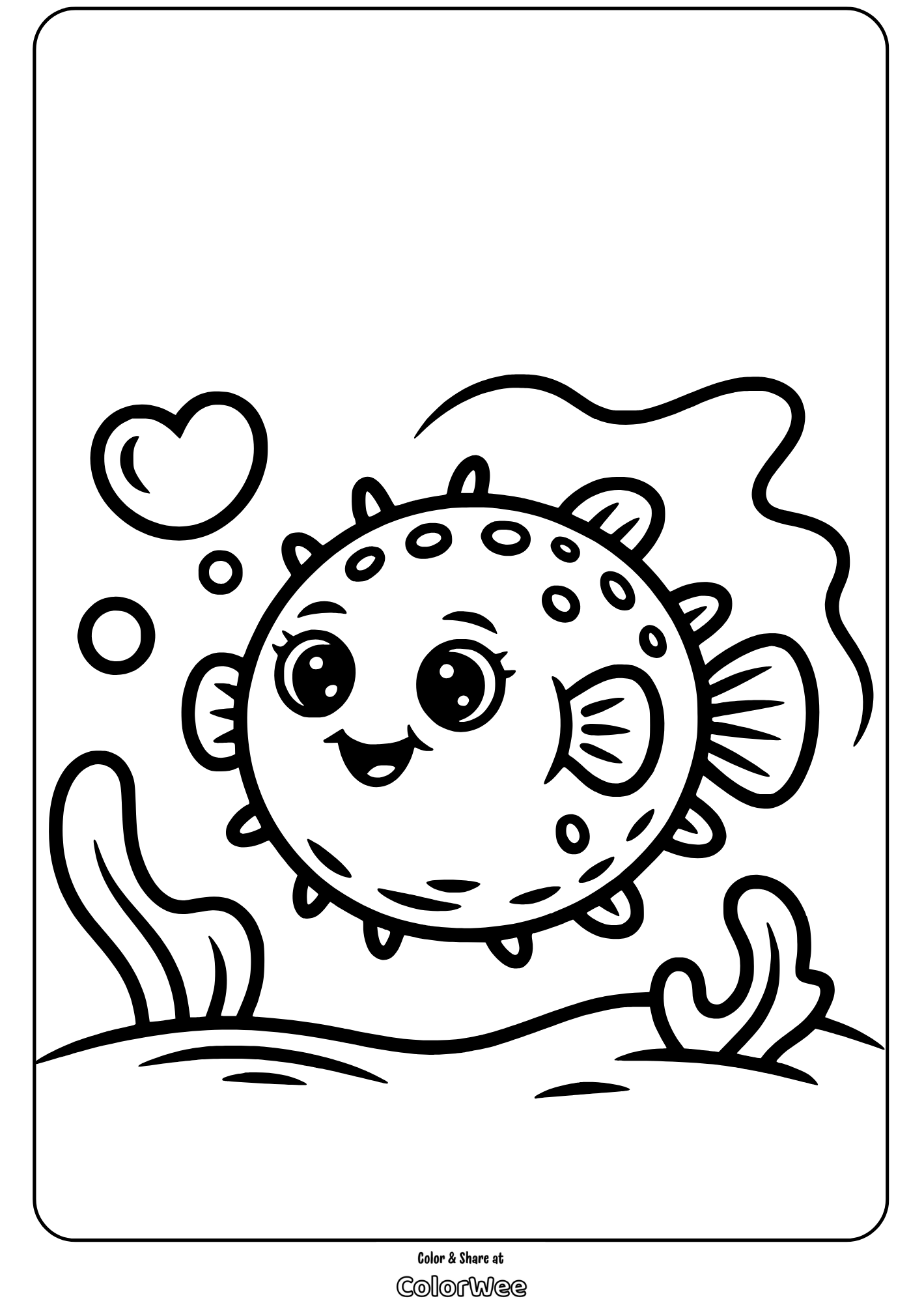Cute pufferfish coloring page with bubbles and seaweed.