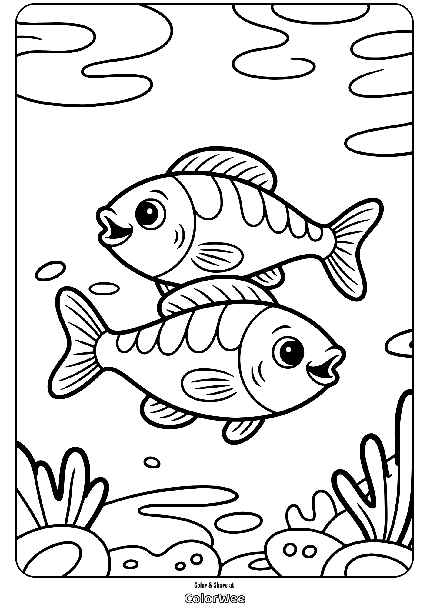 Two joyful fish swimming in an undersea coloring page.