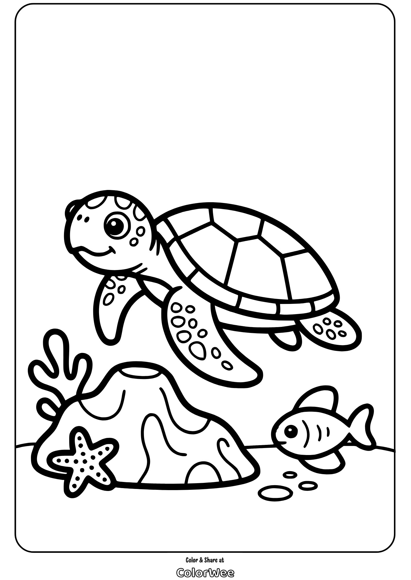 Sea turtle ocean life kids coloring page with fish and coral.