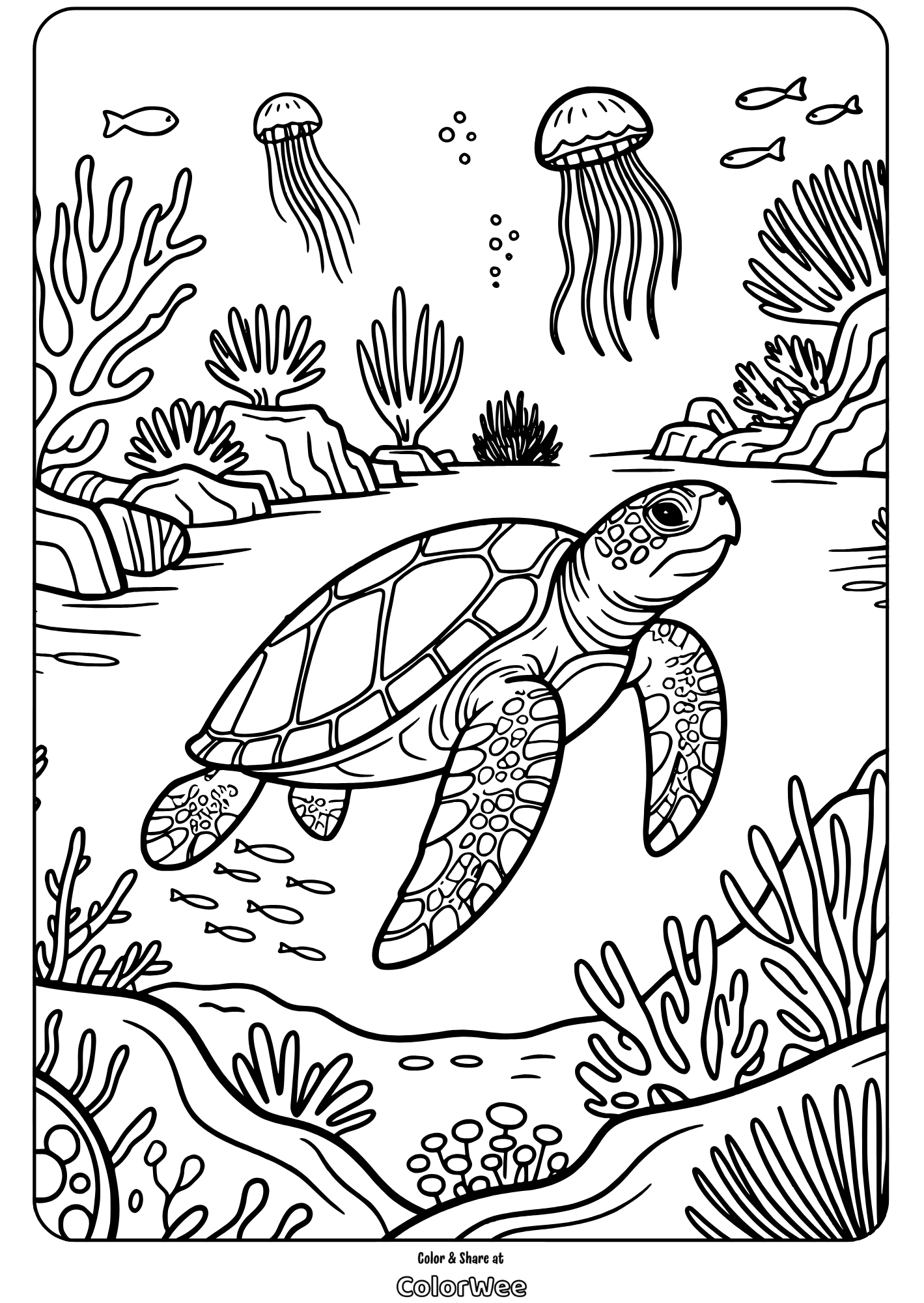 Sea turtle and jellyfish underwater coloring page.