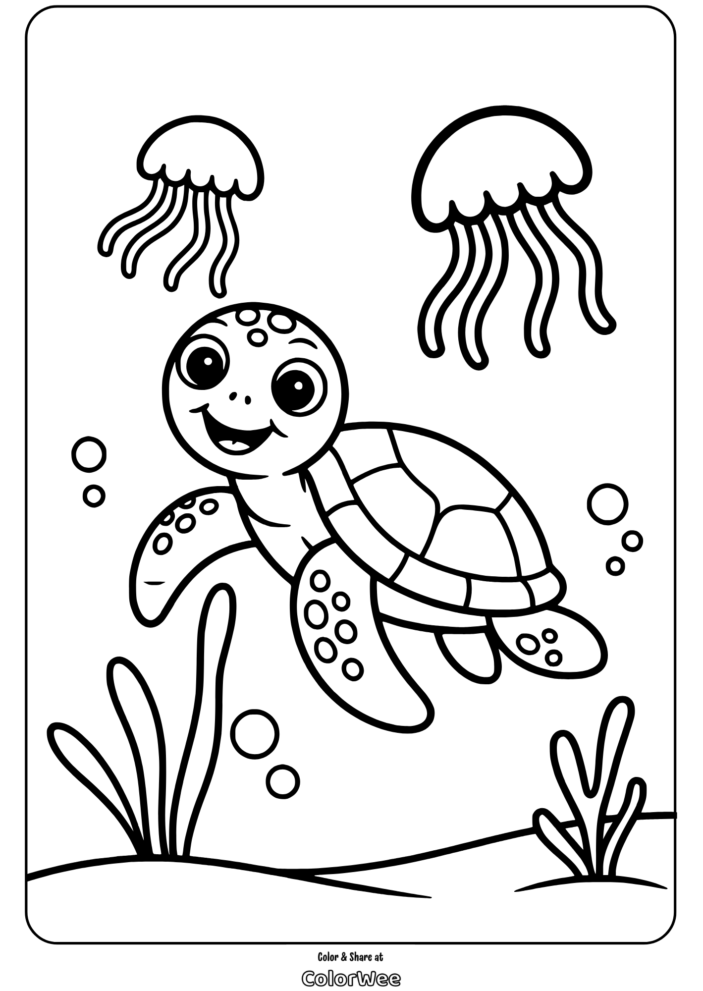 Happy sea turtle and jellyfish coloring page.