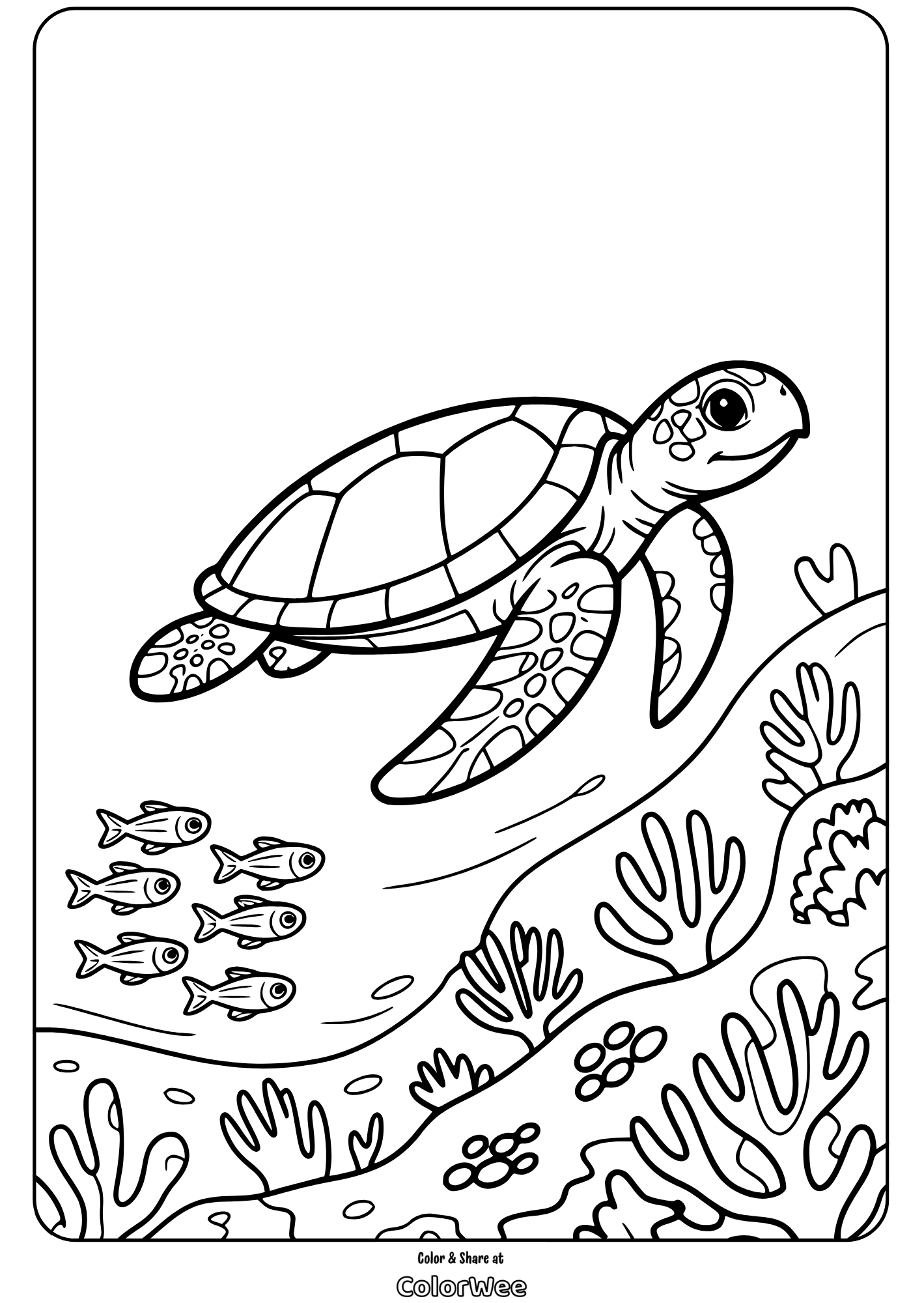 Sea turtle coloring page with fish and coral reef.