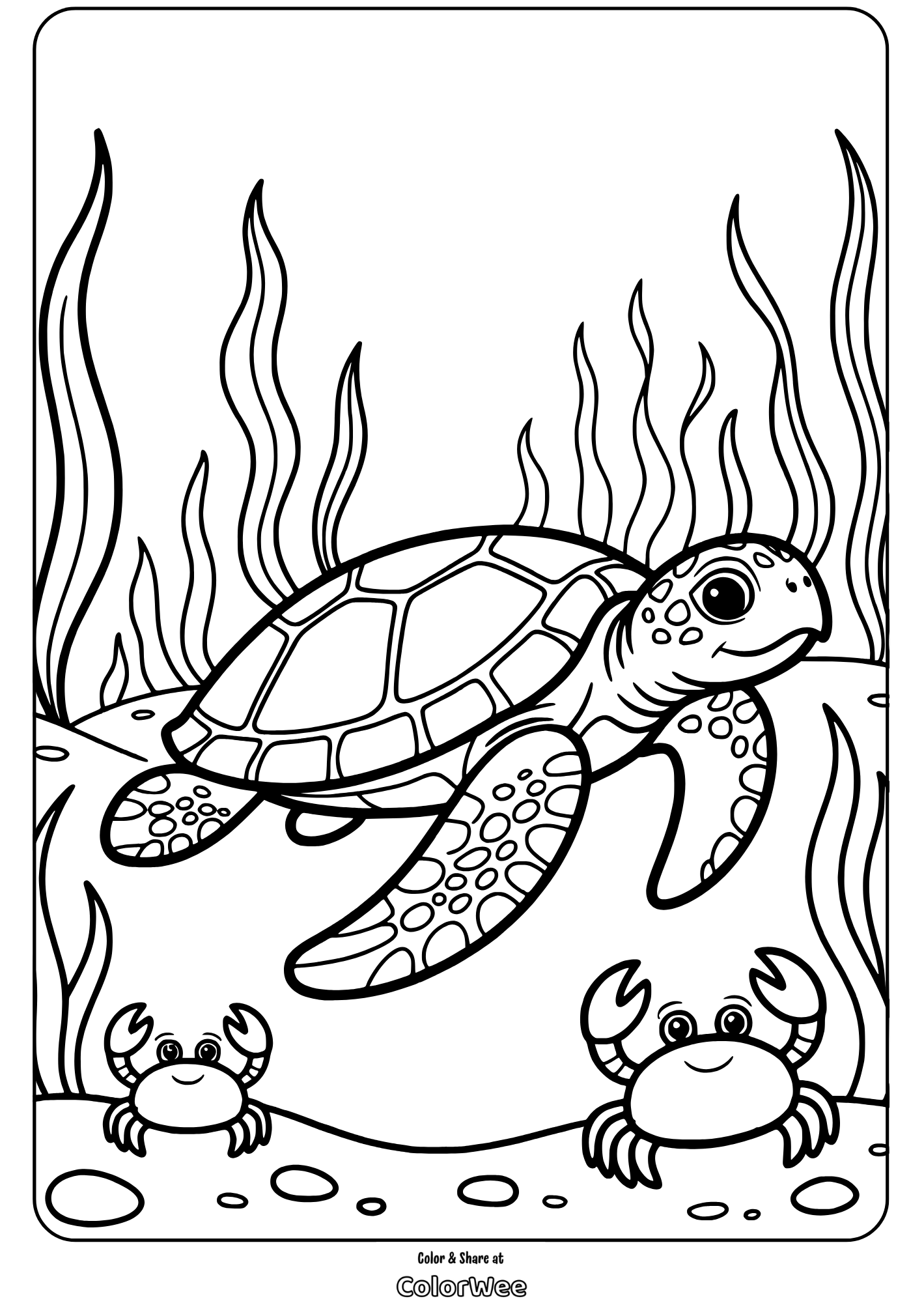 Sea turtle and crabs underwater coloring page.
