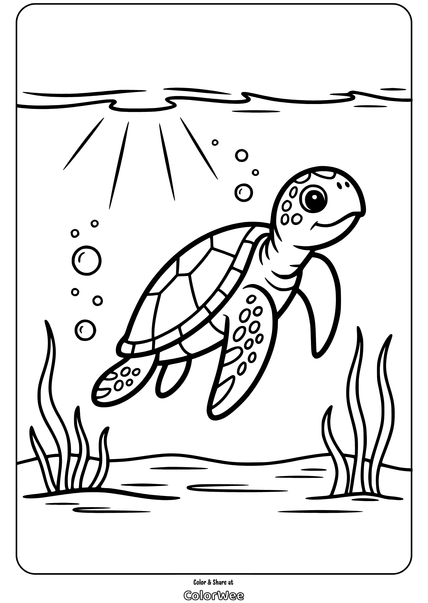 Sea turtle coloring page with sun rays and ocean plants.