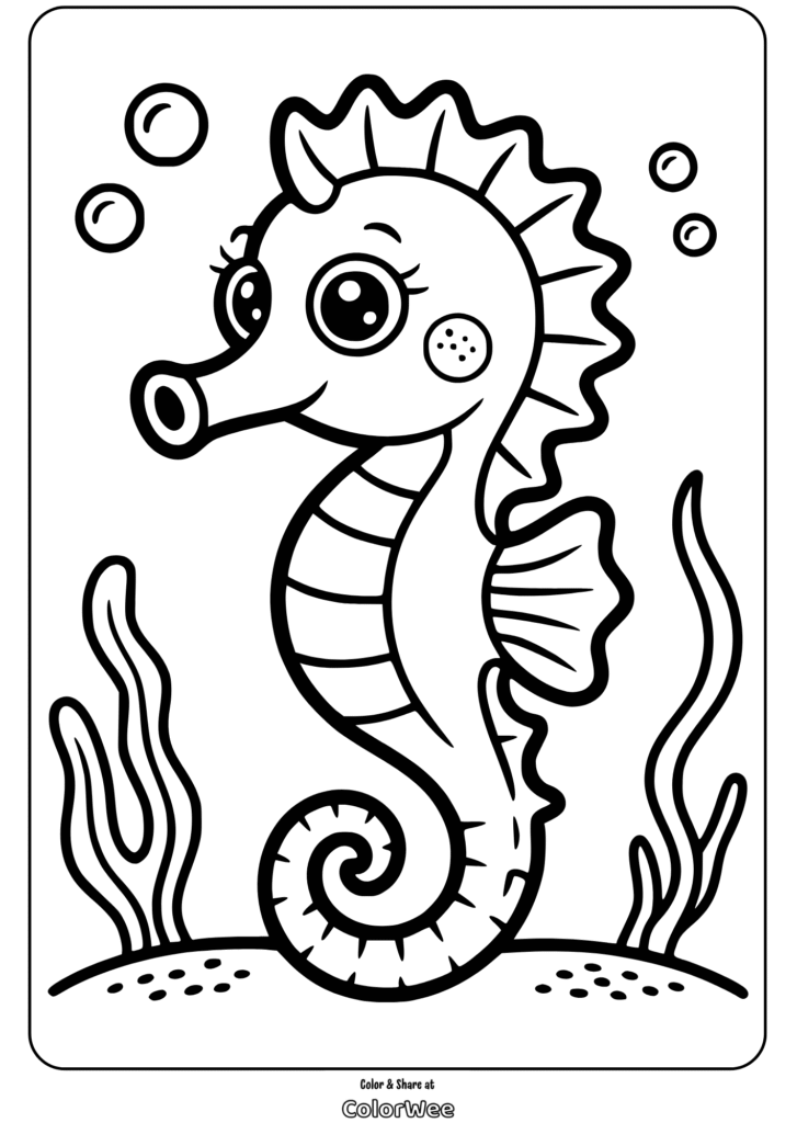 Seahorse coloring page for kids with bubbles and seaweed.