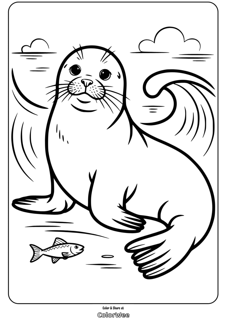 Seal coloring page with fish and ocean background.