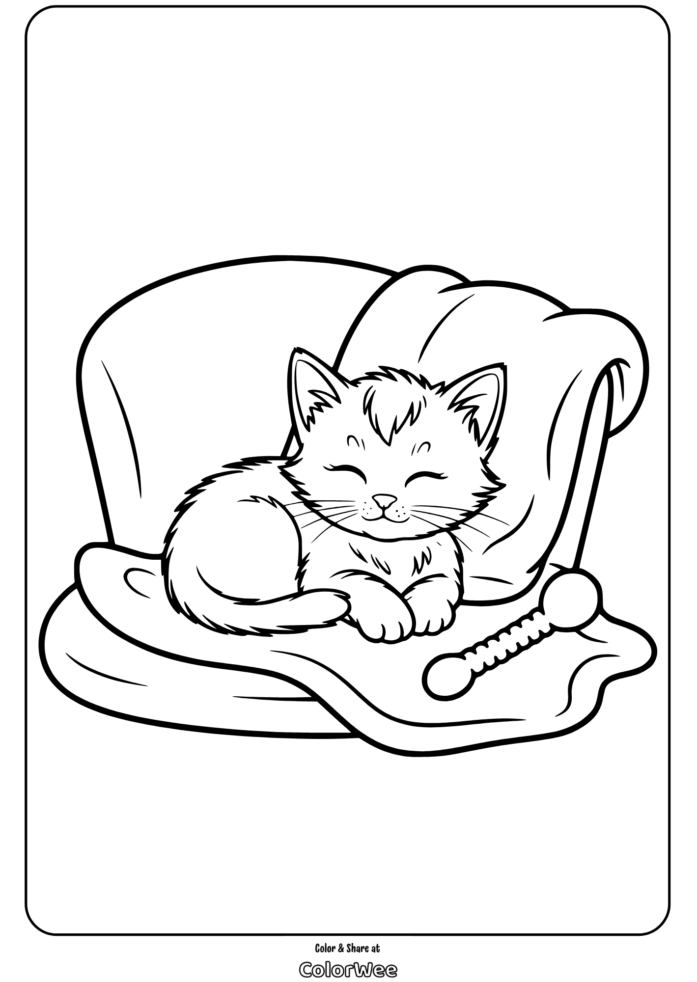 Adorable kitten on a chair coloring page for kids