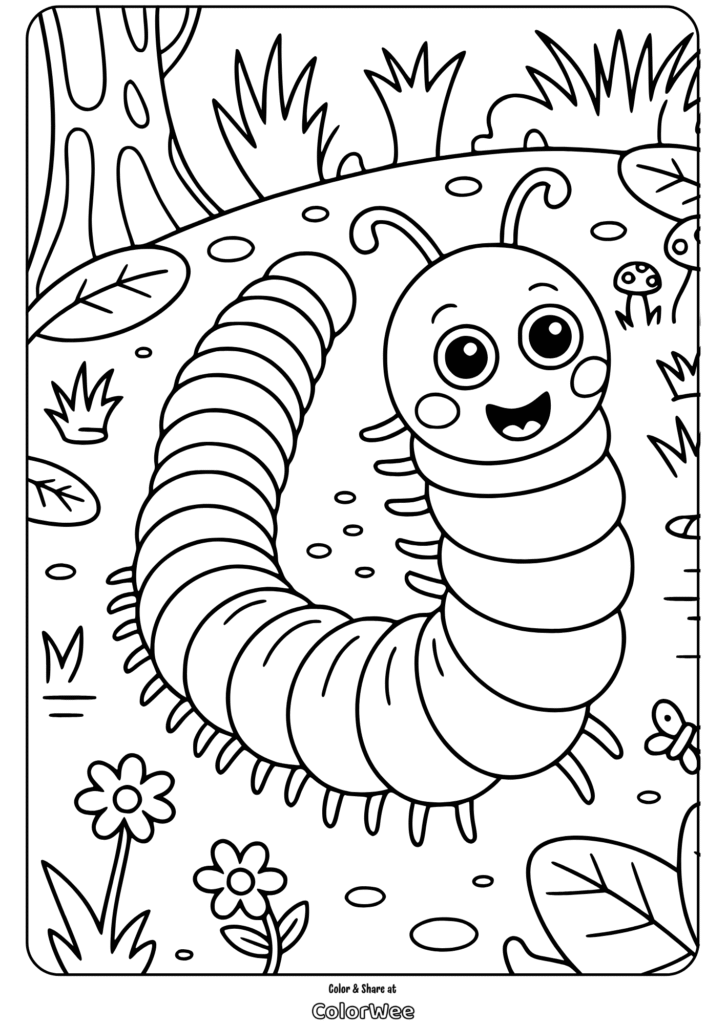 smiling garden insect caterpillar coloring page Happy caterpillar coloring page for kids.