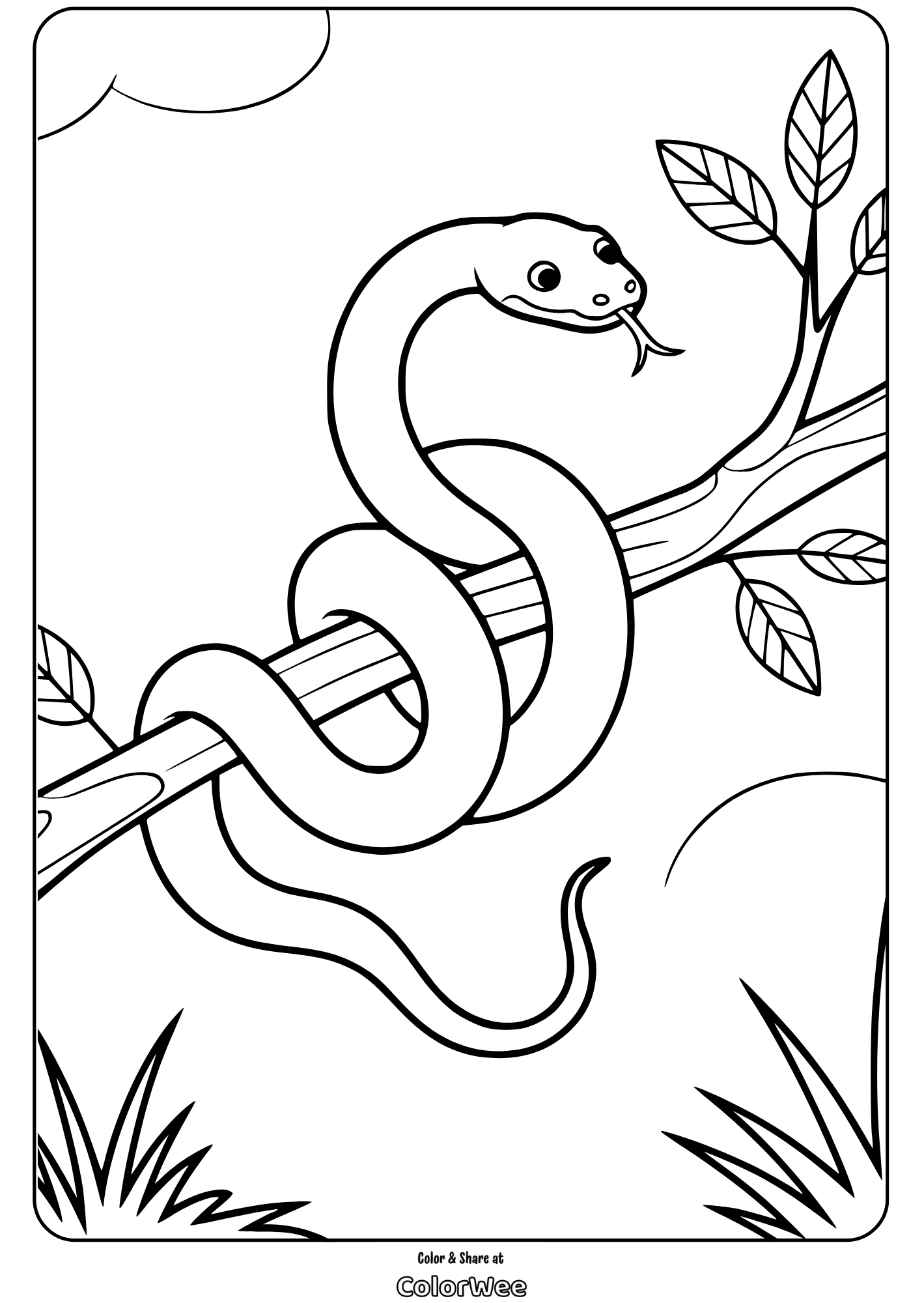 Cartoon snake on branch coloring page for kids activities
