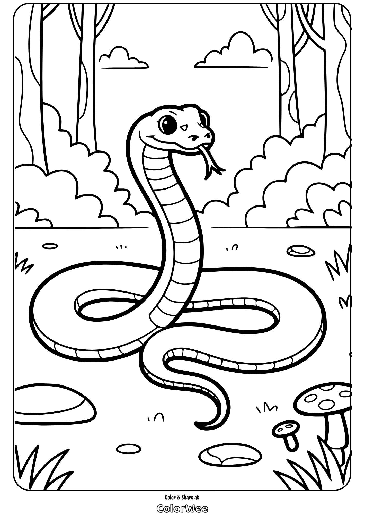 Cute snake coloring page for kids, printable and fun activity.
