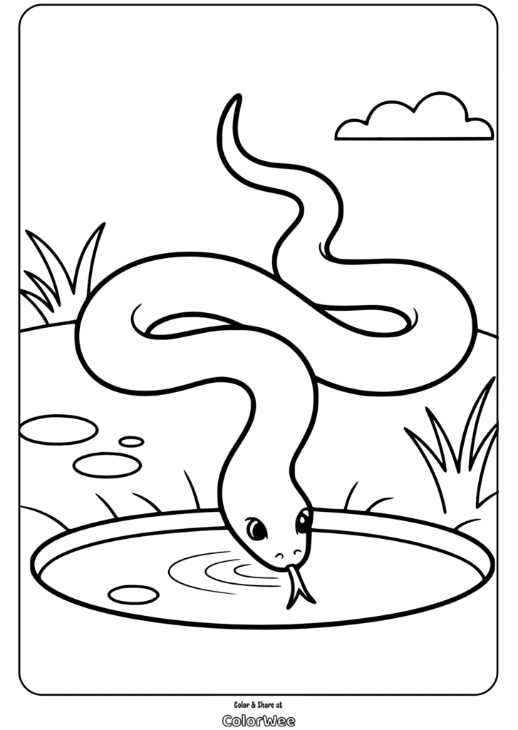 Snake at a pond coloring page for kids and adults