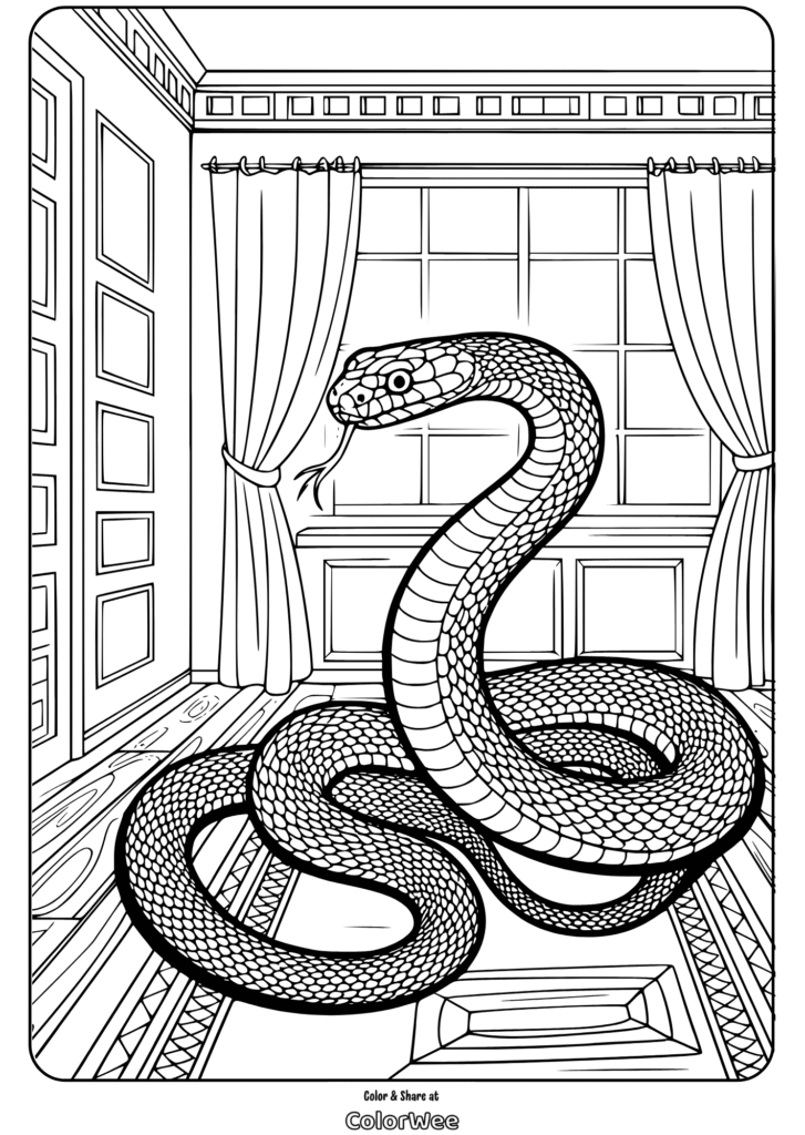 Detailed snake coloring page in a decorated room with curtains.