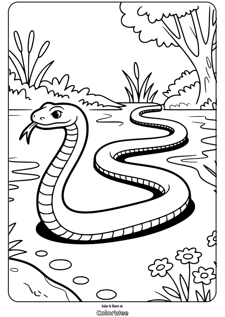 Snake coloring page in a jungle scene for kids.