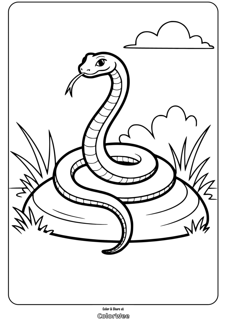 Snake coloring page with a coiled snake on a rock, clouds, and grass.