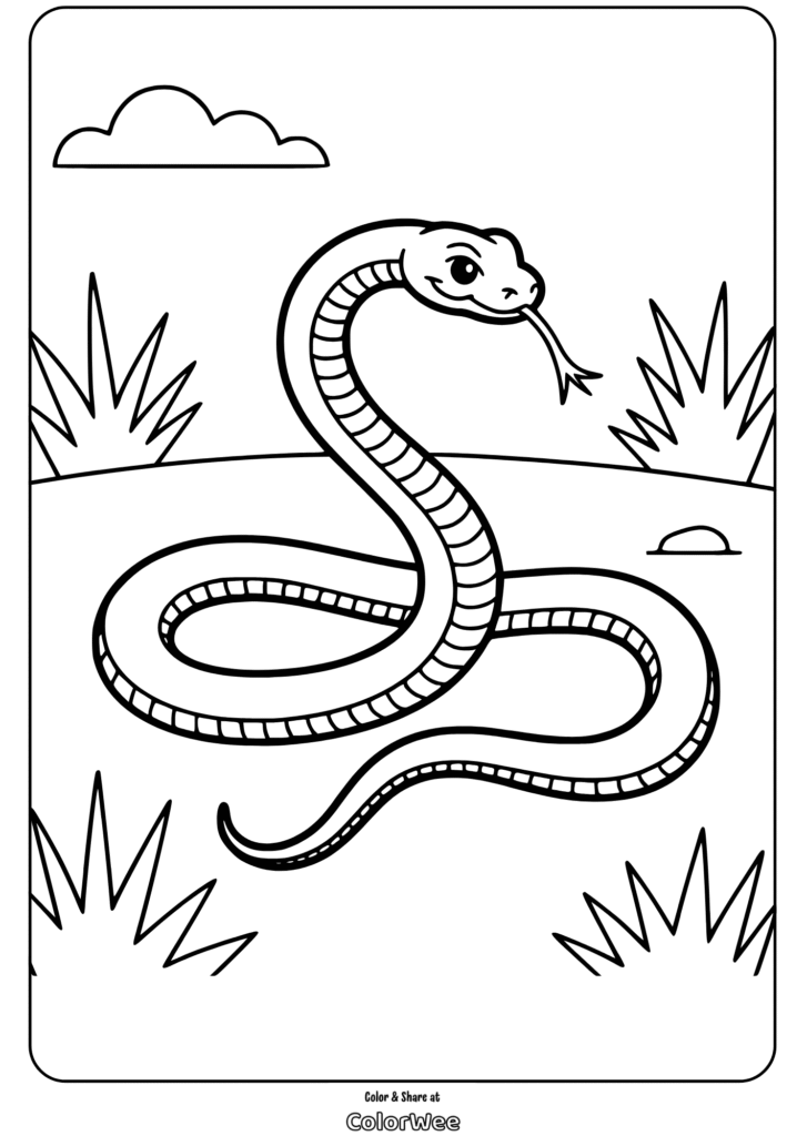 Snake coloring page with desert background and clouds.