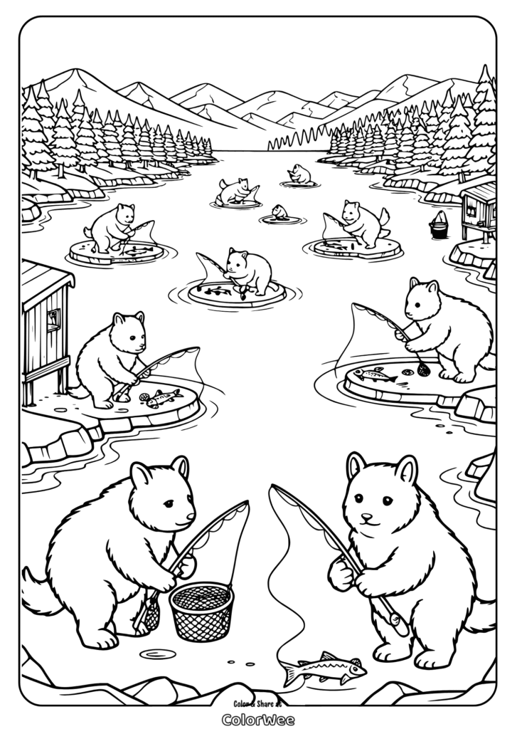 Bears fishing in a scenic river, surrounded by trees and mountains.