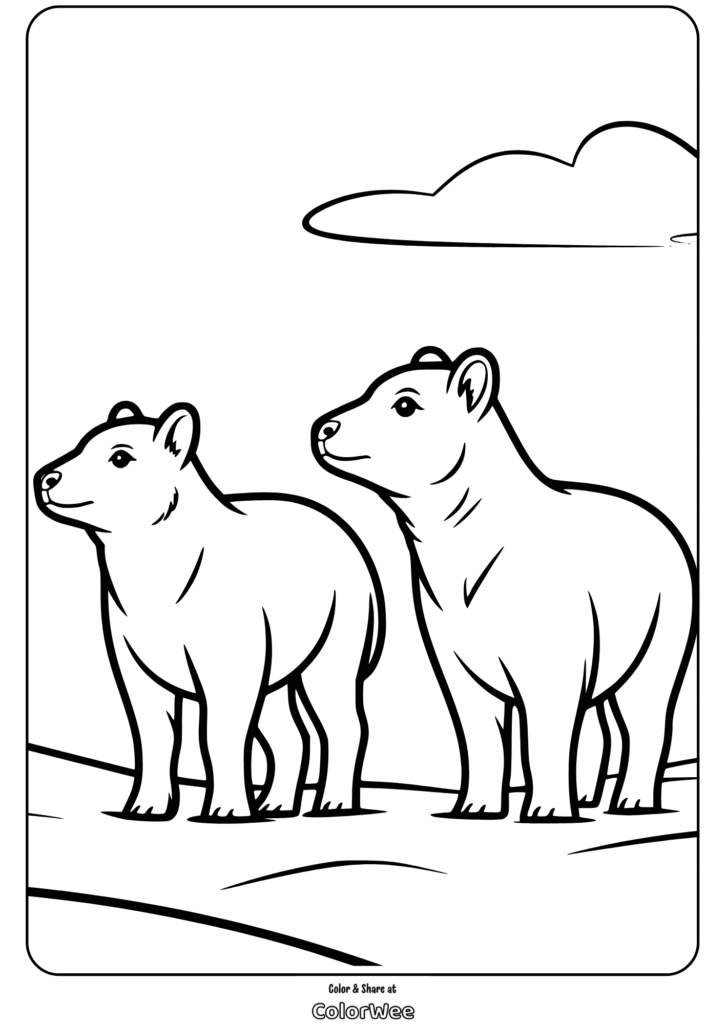 Two bears standing on a hill coloring page.