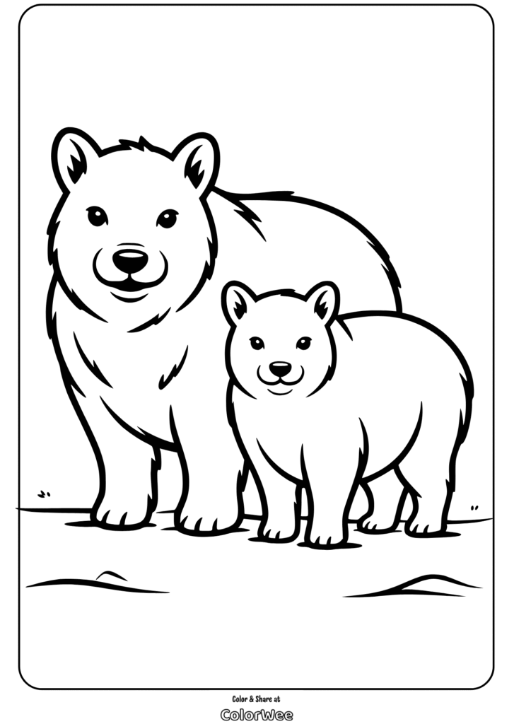 Bear family coloring page, parent and cubs, kid-friendly drawing.