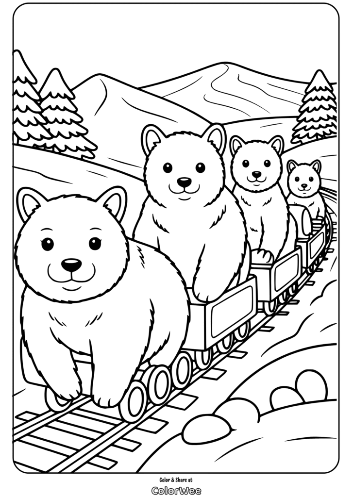 Cute bear family riding toy train in a scenic landscape coloring page.