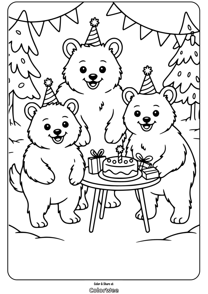 Bears celebrating birthday with cake and gifts coloring page.