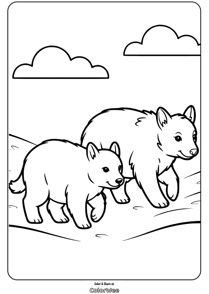 Two bears walking in a field coloring page.
