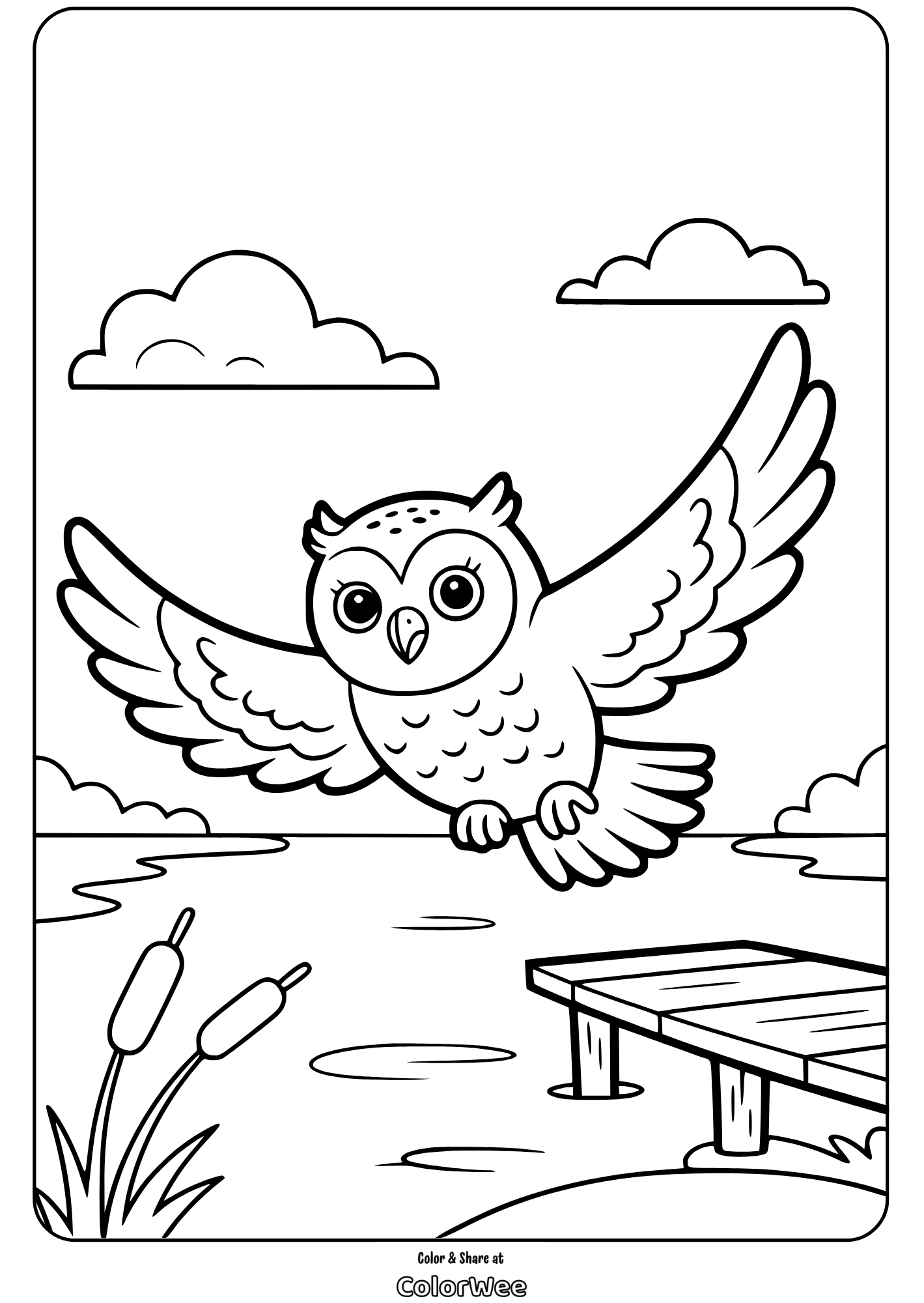 Cute owl flying over a lake in a scenic coloring page.