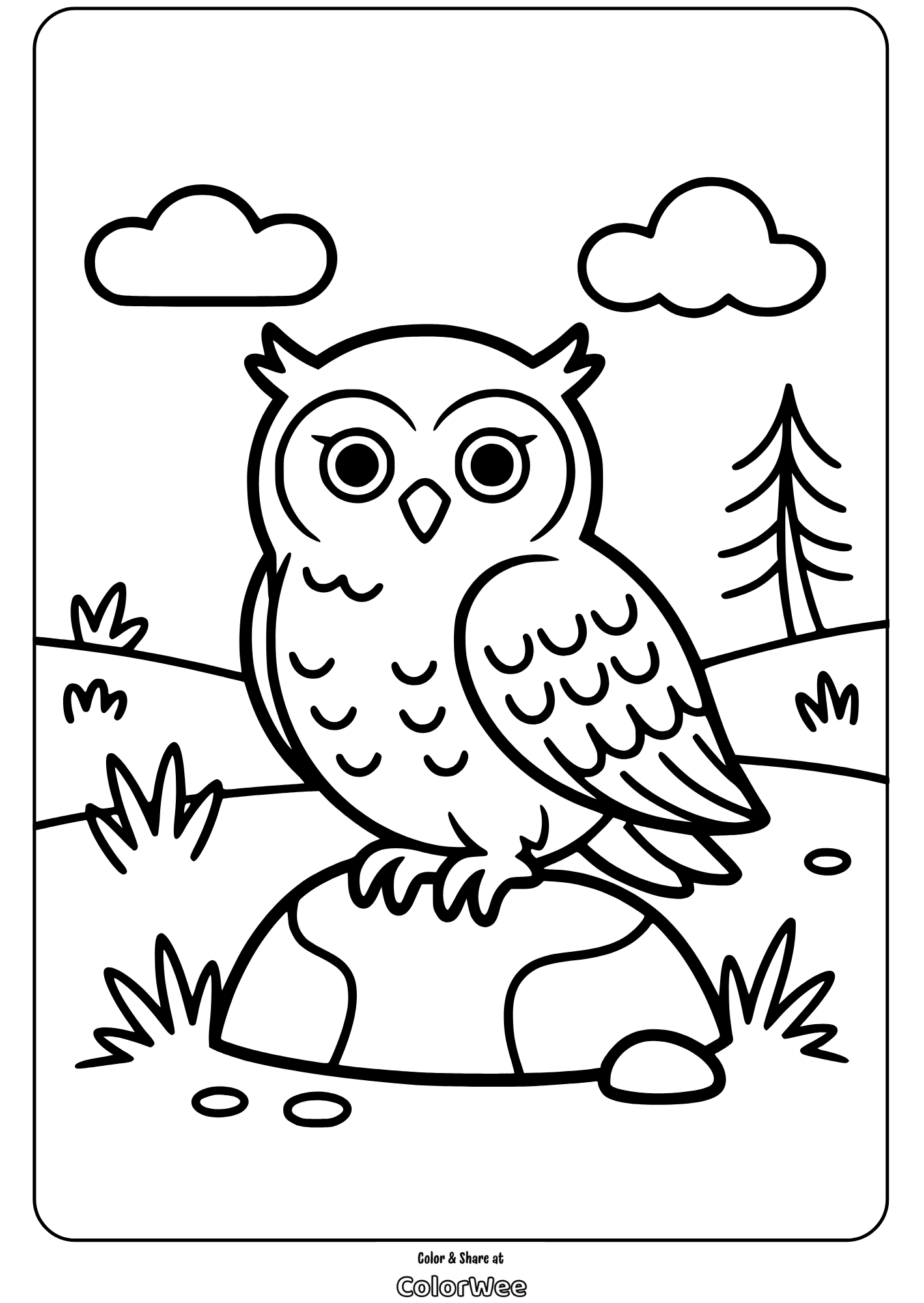 Owl sitting on a rock under clouds in a forest coloring page.