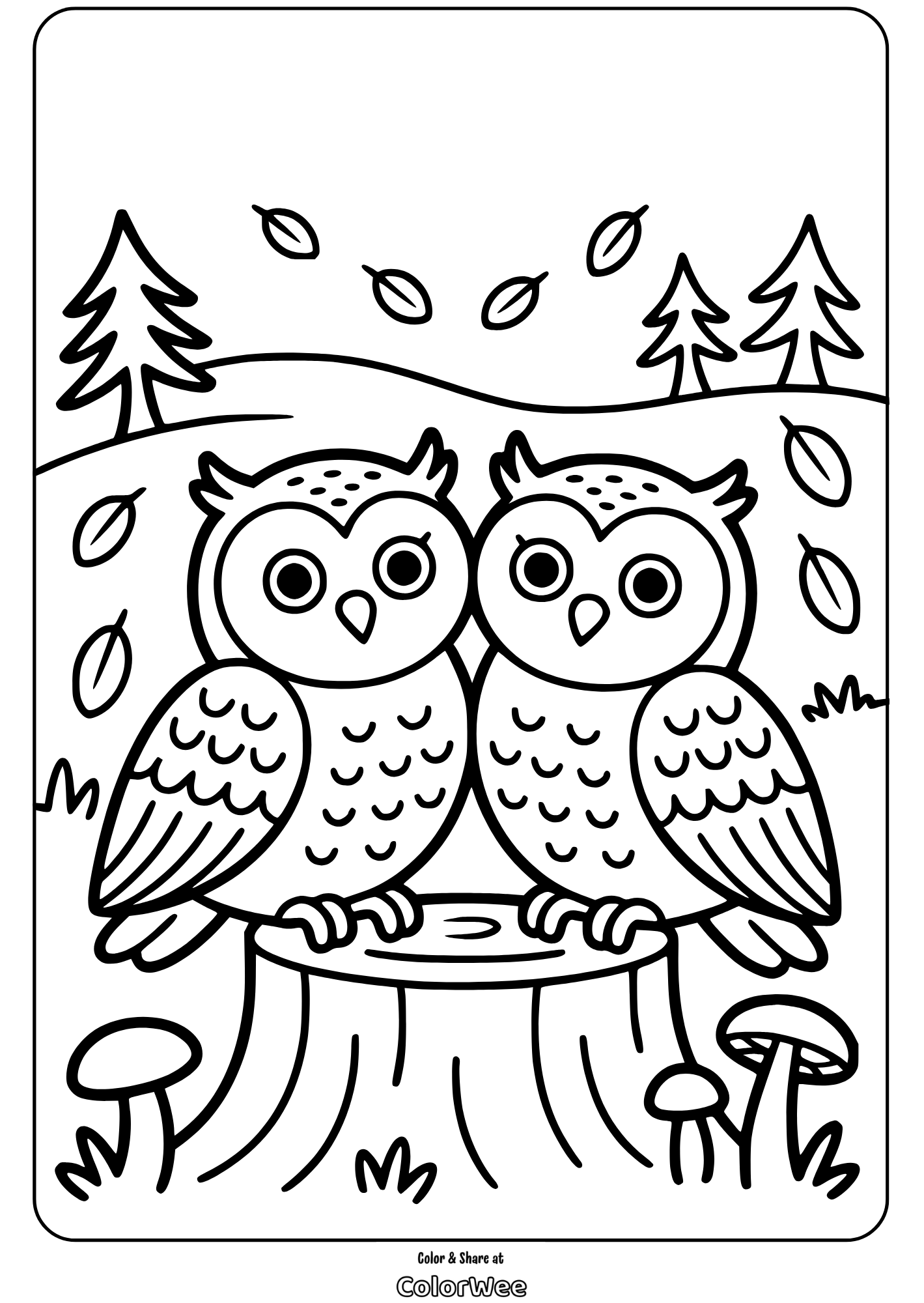 Two owls on a tree stump, surrounded by trees and falling leaves.