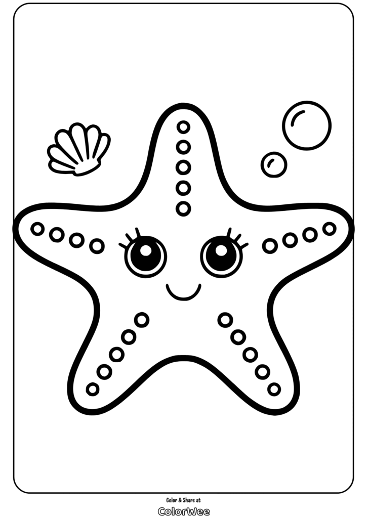 Smiling starfish coloring page with bubbles and a shell.