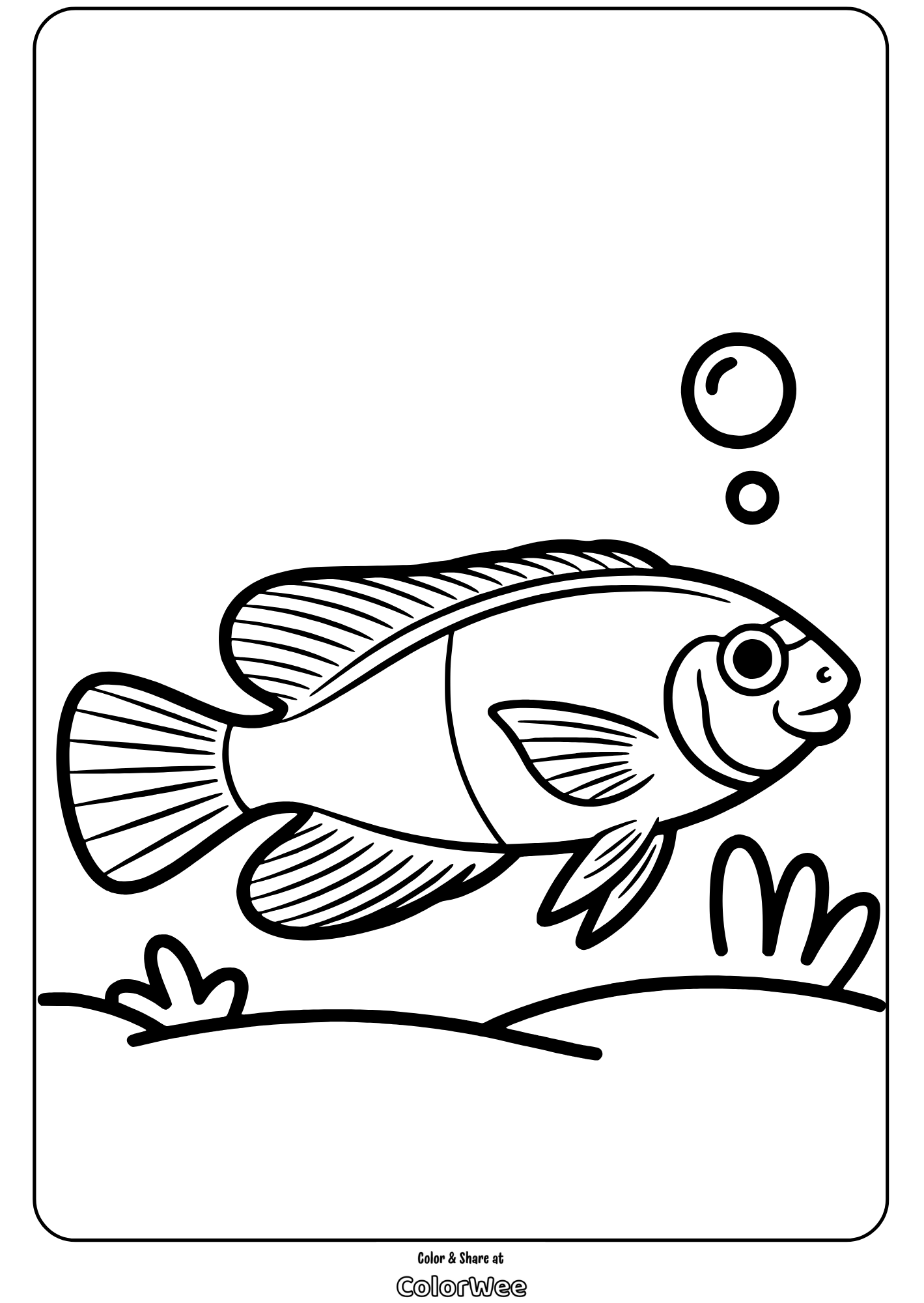 Fish coloring page with bubbles and ocean plants, perfect for kids.