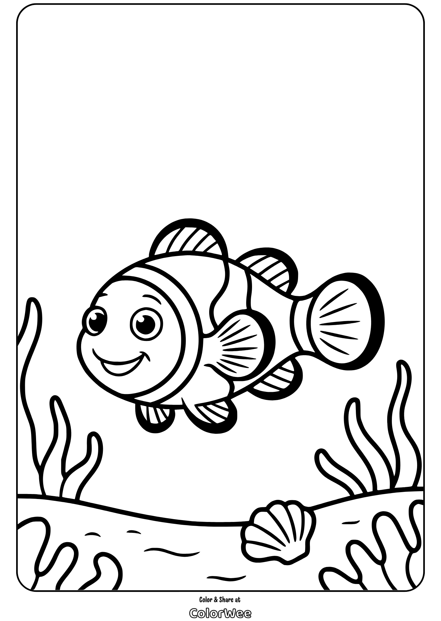 Clownfish coloring page with coral and seashells.
