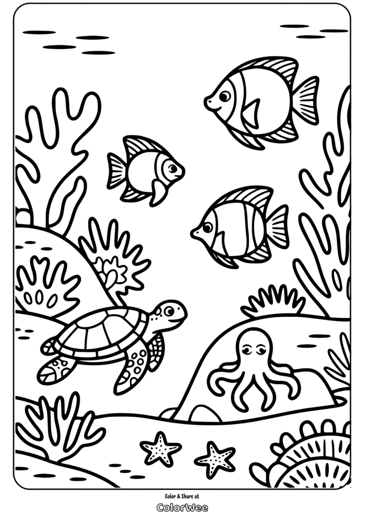 Underwater scene with fish, turtle, and octopus coloring page