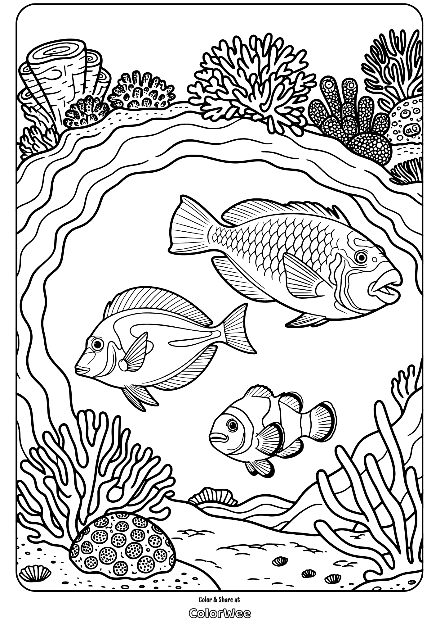 Three fish in coral reef coloring page.