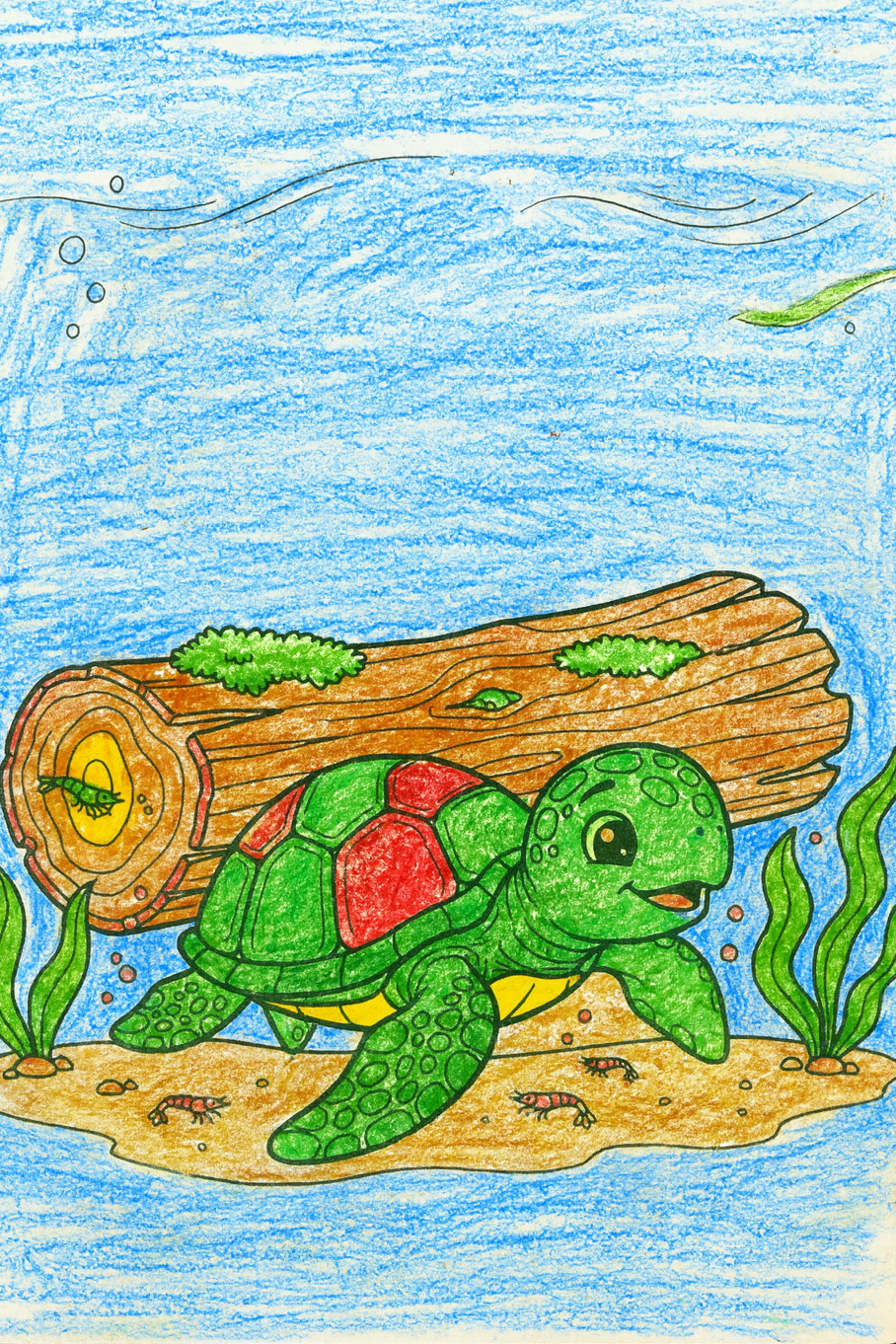 Colorful sea turtle with a log in an underwater scene.