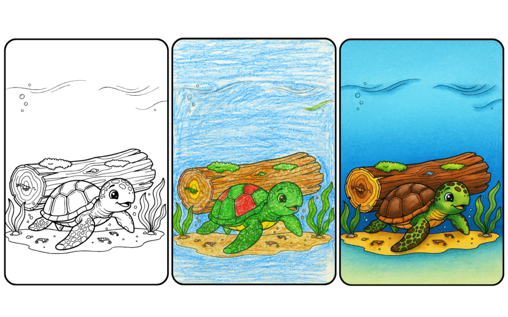 Turtle coloring page with ocean background and log.