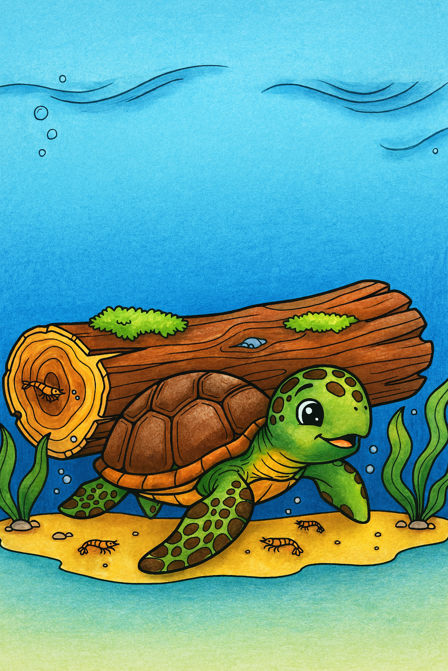 Colorful sea turtle underwater with seaweed and a log