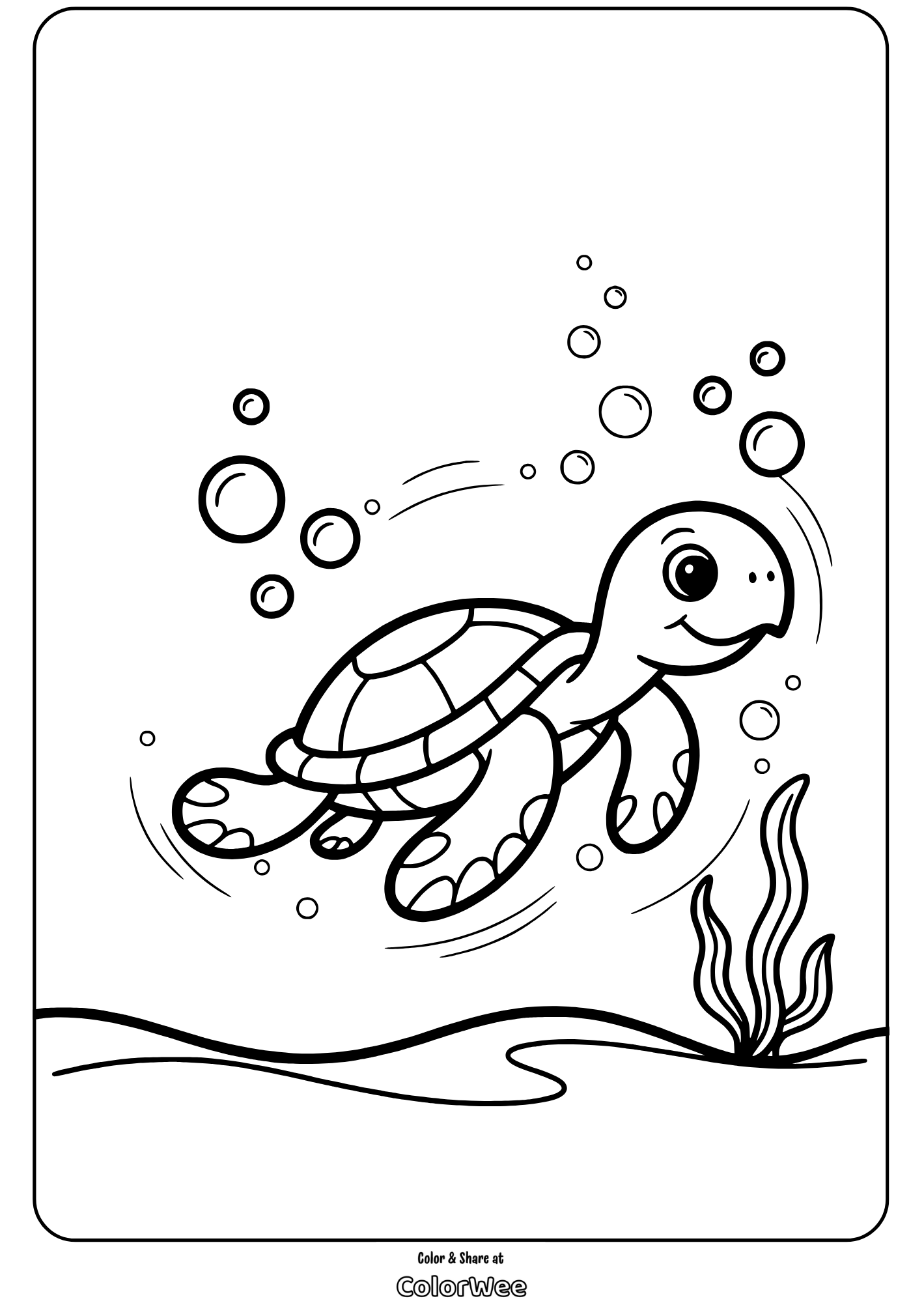Cute turtle swimming, bubbles and seaweed coloring page.