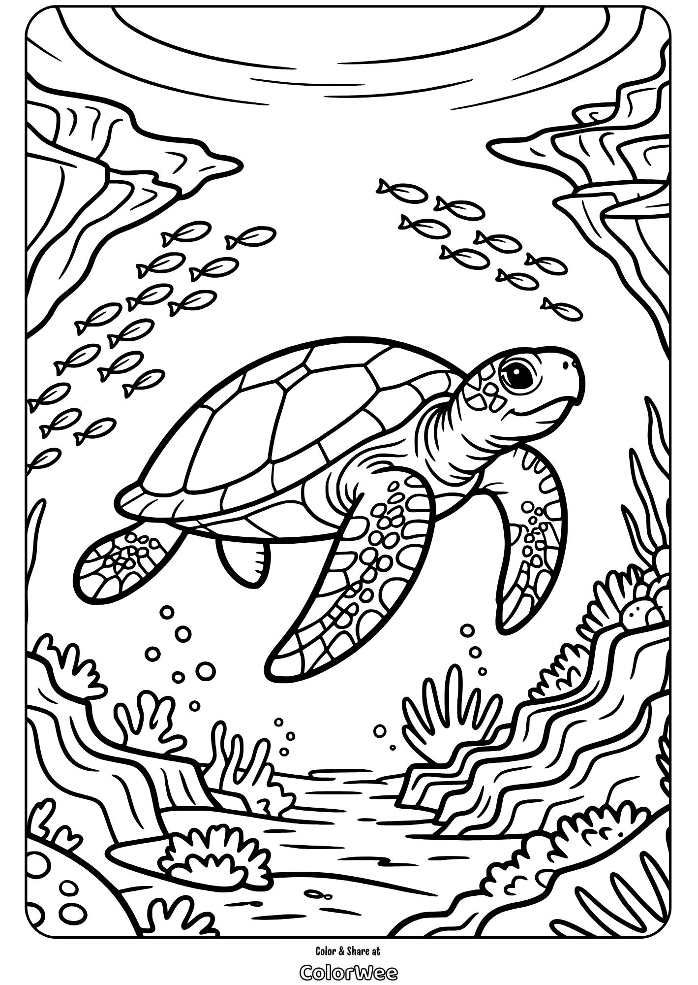 Sea turtle coloring page with coral reefs and fish.