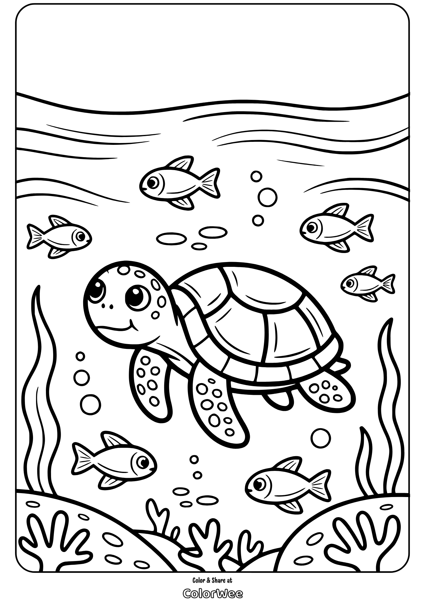 Turtle and fish underwater coloring page for kids.