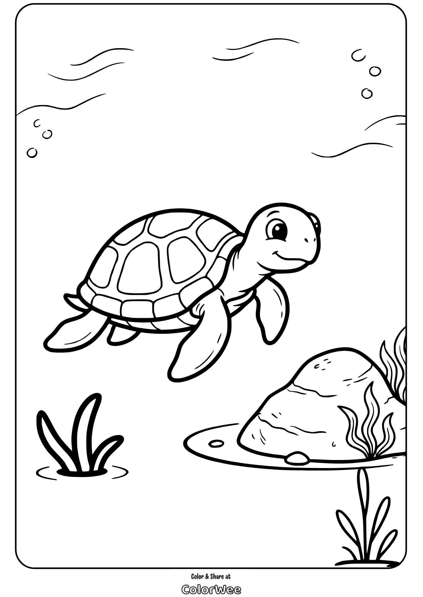 Friendly turtle coloring page for kids with ocean theme.