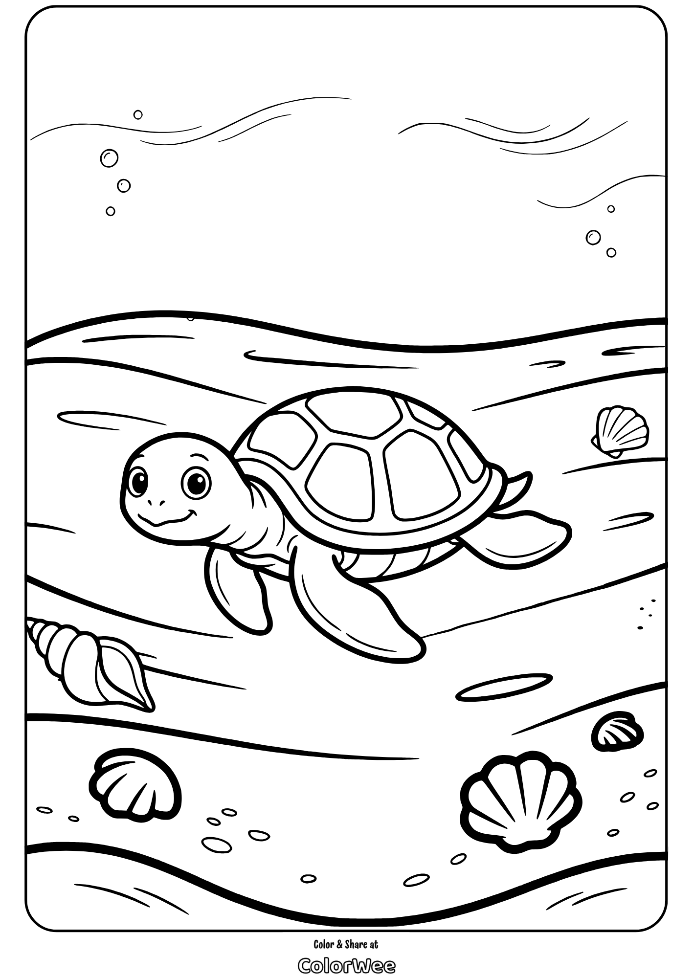 Turtle swimming underwater coloring page with shells.